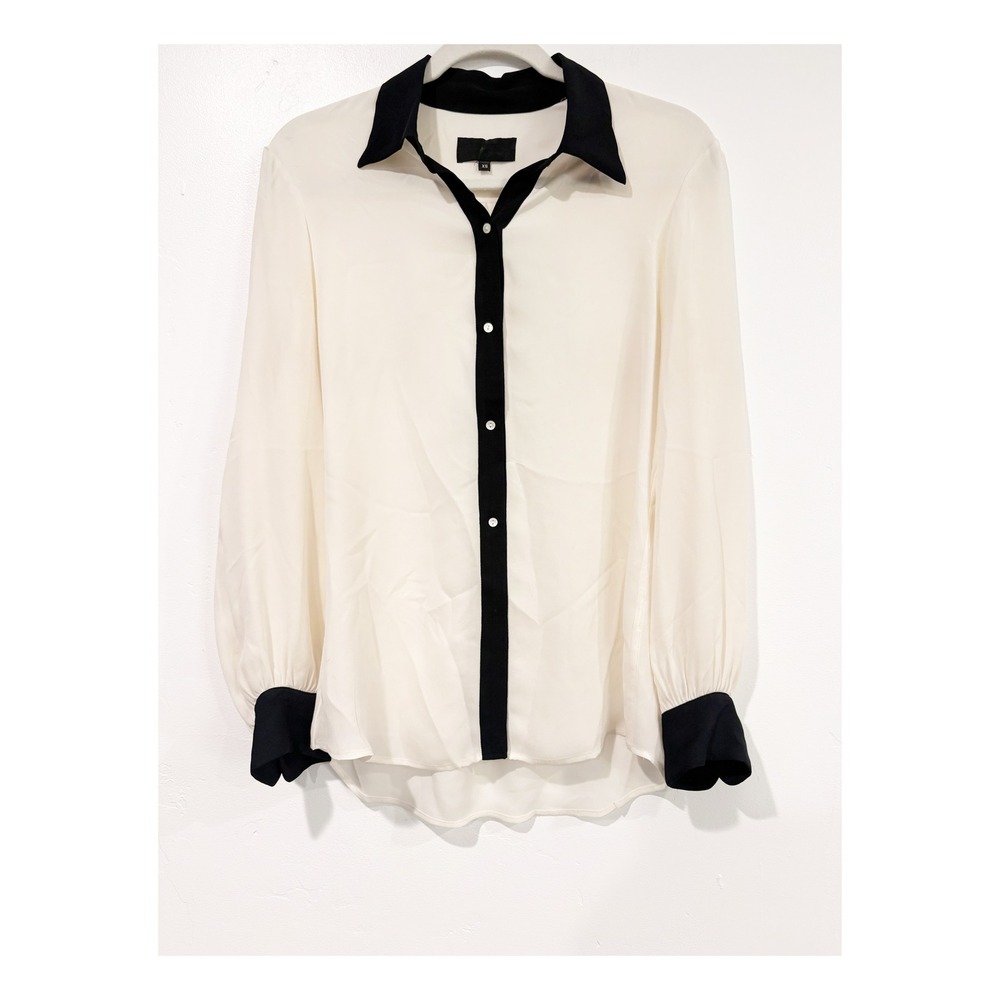 Nili Lotan Womens Silk Contrast Button Down Shirt Ivory Black XS Long Sleeve